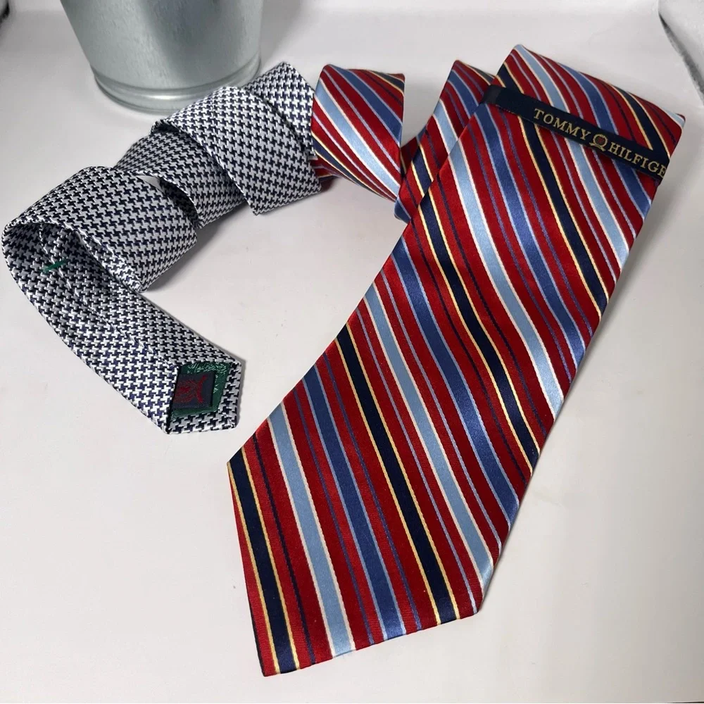 Tommy Hilfiger Men’s Silk Tie Red, Navy, Light Blue, Silver Stripe & Houndstooth